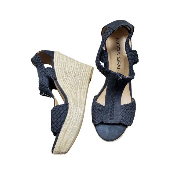 Women's Moda Spana Black Zip Straw Wedge Sandals | Size 7 - Picture 1 of 10